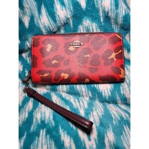 Coach Red Leopard Long Leather Wallet Zip Around